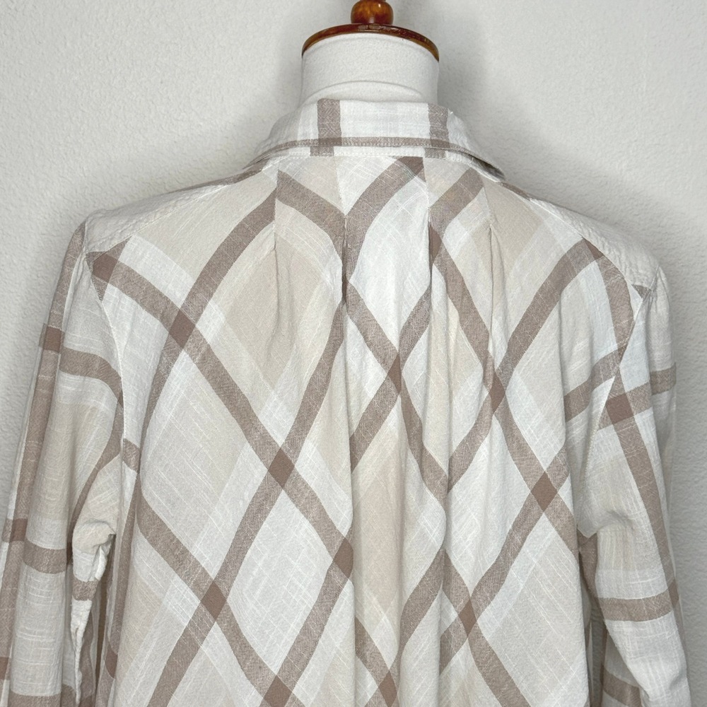 FREE PEOPLE Peppy in Plaid Tunic Top LG Cream Oversized Ruffle Hi-Low Boho - Picture 5 of 9